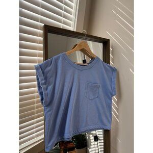 Entro Top Cropped Blue Short Sleeve Crew Neck Pocket Boxy Ribbed Oversized Sz M